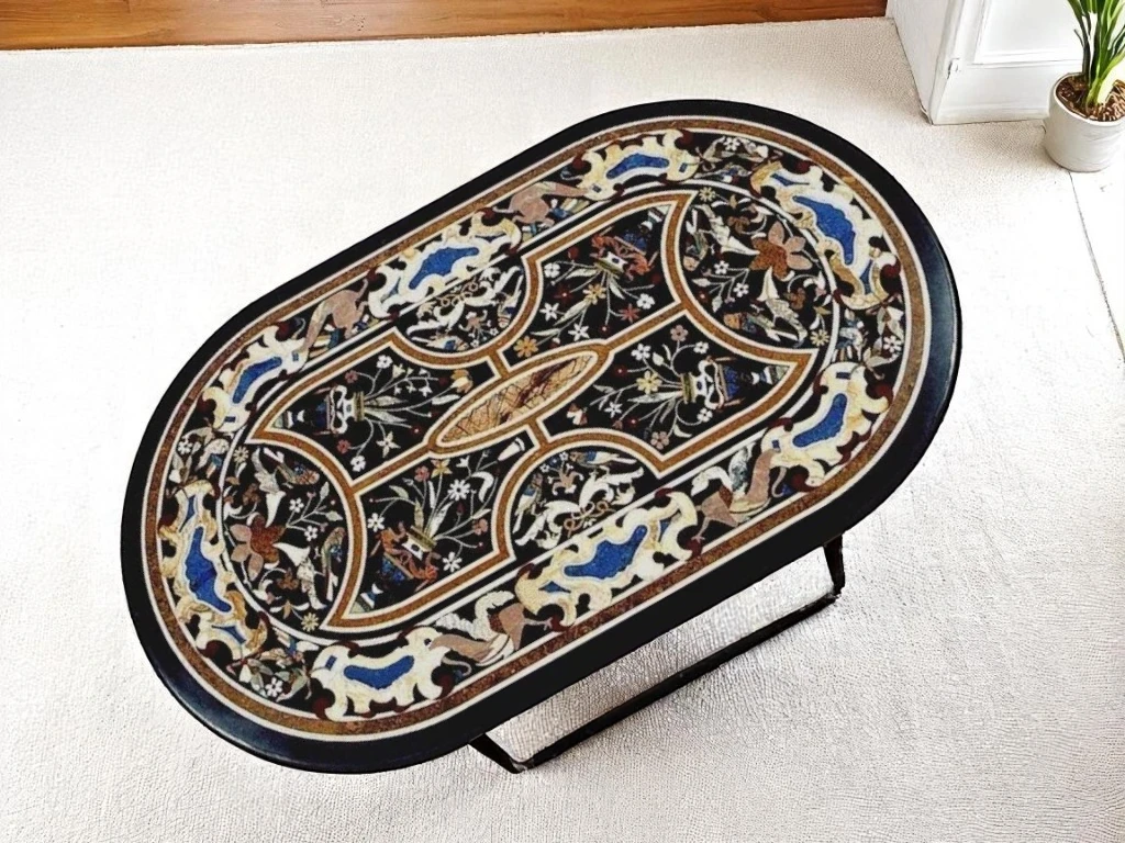 Black Marble Oval Inlay Table – Handmade Pietra Dura Art